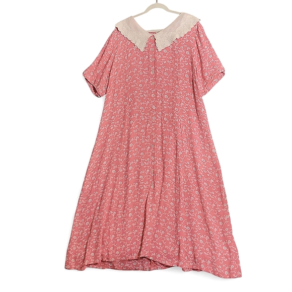 Vintage 80s 90s Pink Floral Dress Lace Peter Pan Collar Beetlejuice Cottagecore - Picture 9 of 13